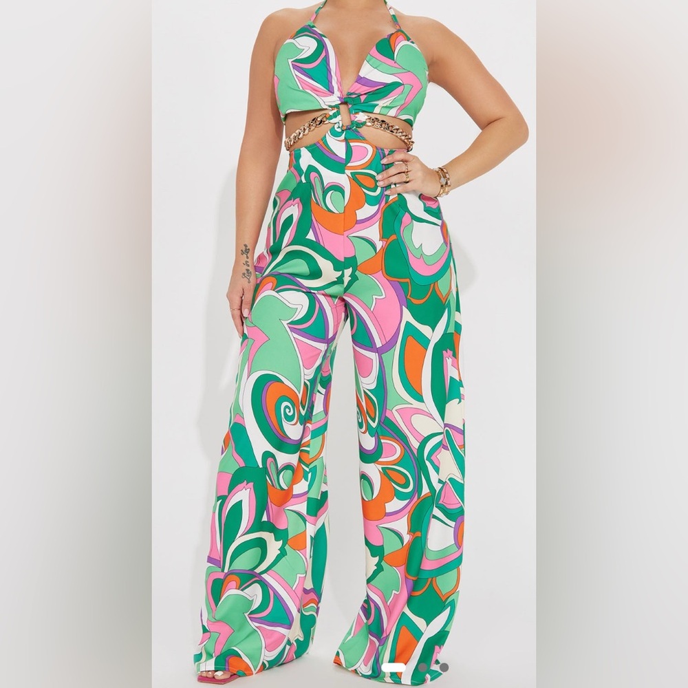 NWT Fashion Nova Green and Pink Retro Jumpsuit